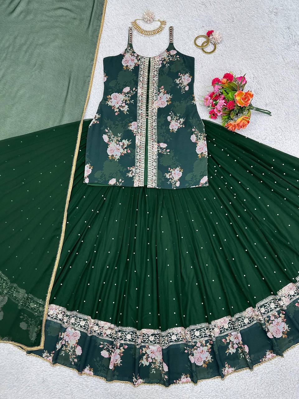 Party Wear Sequence Thread Work Georgette Indo Western Lehenga Suit