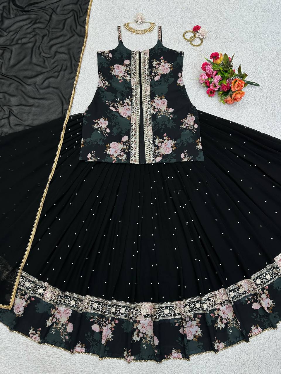 Party Wear Sequence Thread Work Georgette Indo Western Lehenga Suit