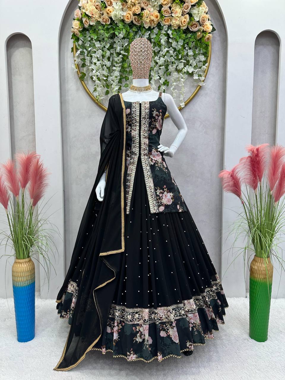 Party Wear Sequence Thread Work Georgette Indo Western Lehenga Suit