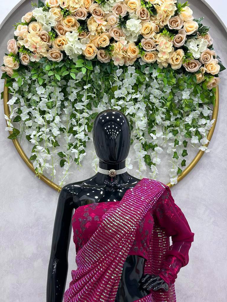 Party Wear Wine Color Sequence Thread Work Georgette Lehenga Saree