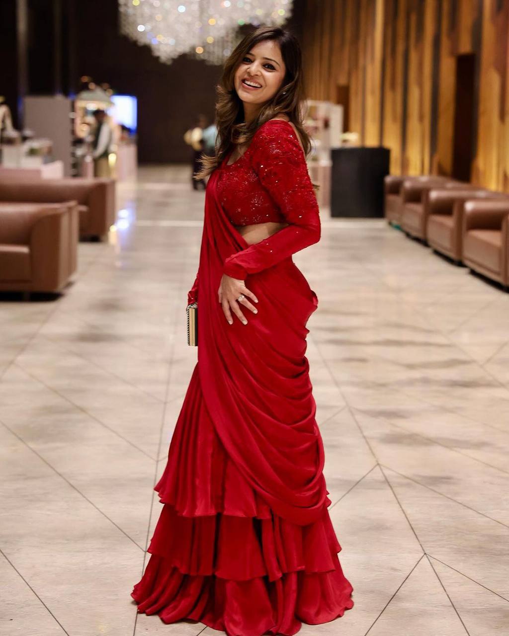 Latest Red Color Chinon Silk Ready To Wear Thread Sequence Work Lehenga Saree