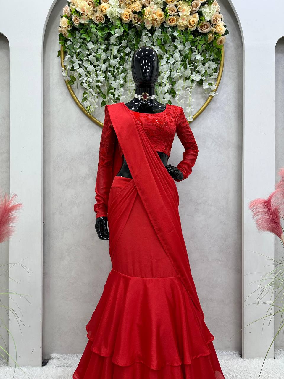 Latest Red Color Chinon Silk Ready To Wear Thread Sequence Work Lehenga Saree