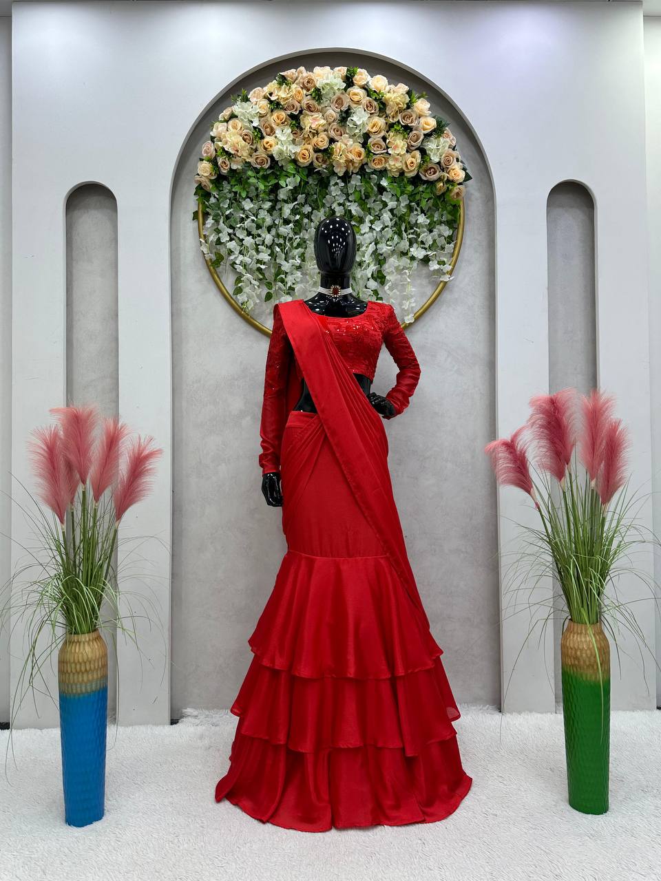 Latest Red Color Chinon Silk Ready To Wear Thread Sequence Work Lehenga Saree