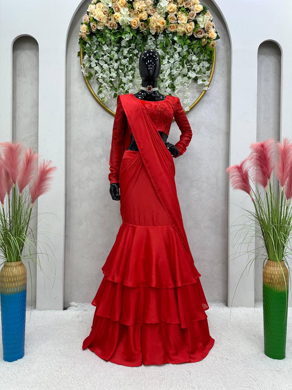 Latest Red Color Chinon Silk Ready To Wear Thread Sequence Work Lehenga Saree