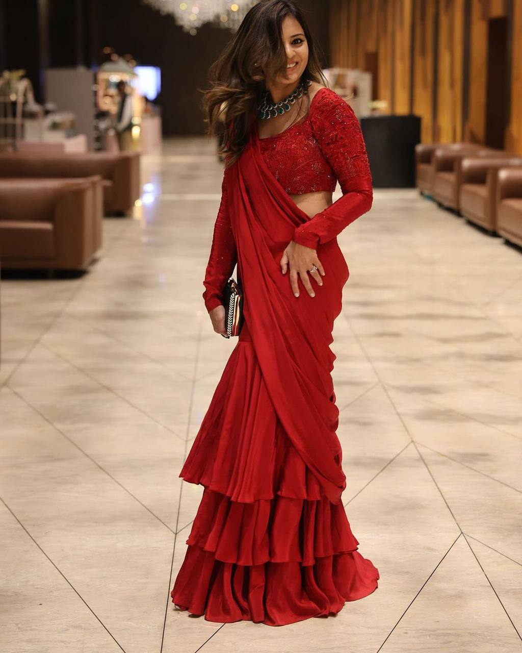 Latest Red Color Chinon Silk Ready To Wear Thread Sequence Work Lehenga Saree