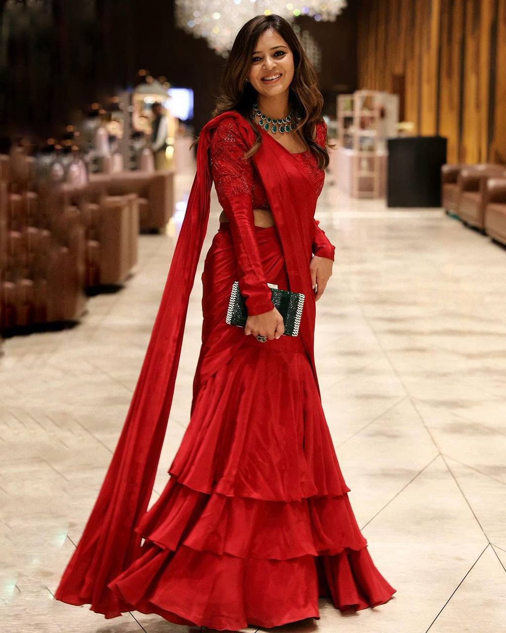 Latest Red Color Chinon Silk Ready To Wear Thread Sequence Work Lehenga Saree