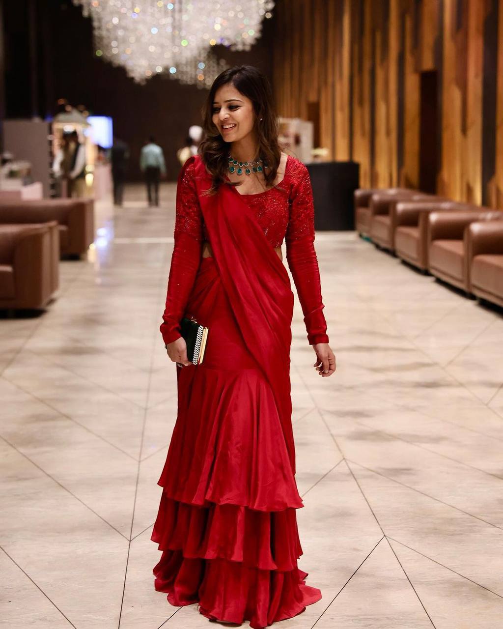 Latest Red Color Chinon Silk Ready To Wear Thread Sequence Work Lehenga Saree