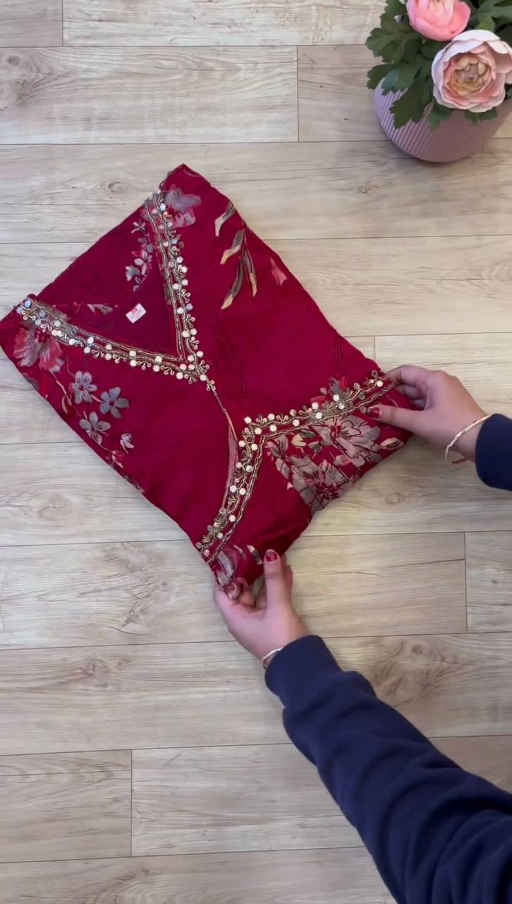 Amazing Red Color Hand Work Digital Printed Maslin Silk Salwar Suit