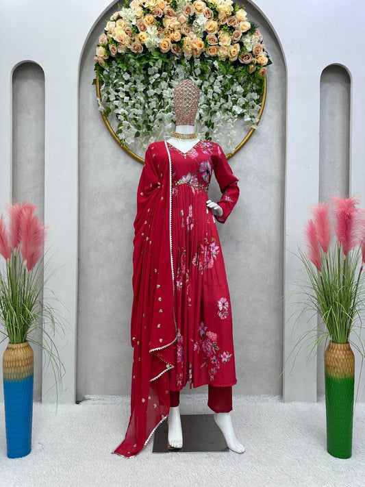 Amazing Red Color Hand Work Digital Printed Maslin Silk Salwar Suit