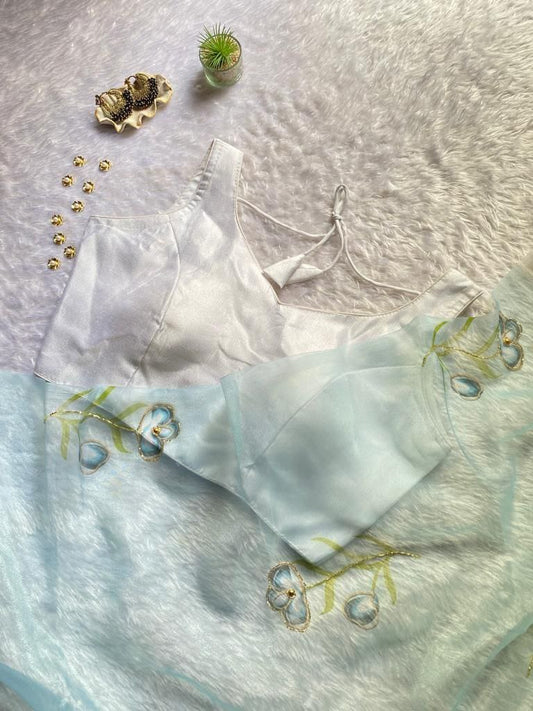 Hand Khatli Work Organza Silk Saree with Blouse