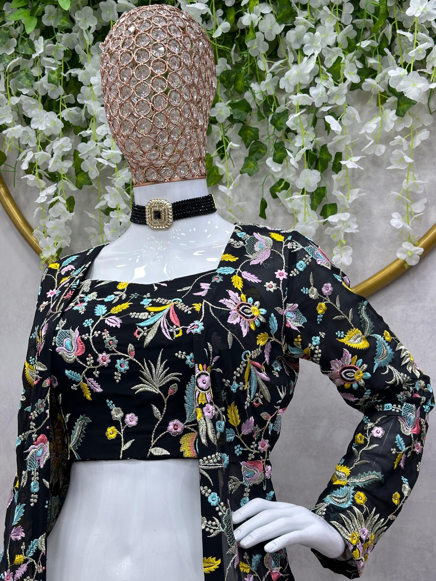 Beautiful Sequence Embroidered Georgette Crop Top With Palazzo & Shrug