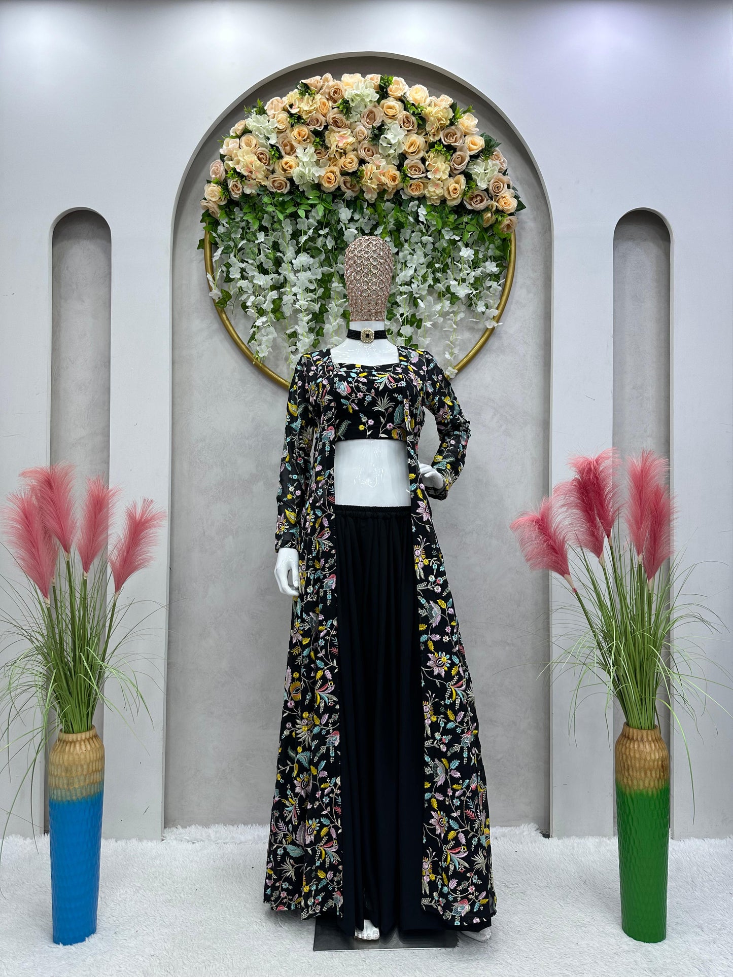 Beautiful Sequence Embroidered Georgette Crop Top With Palazzo & Shrug