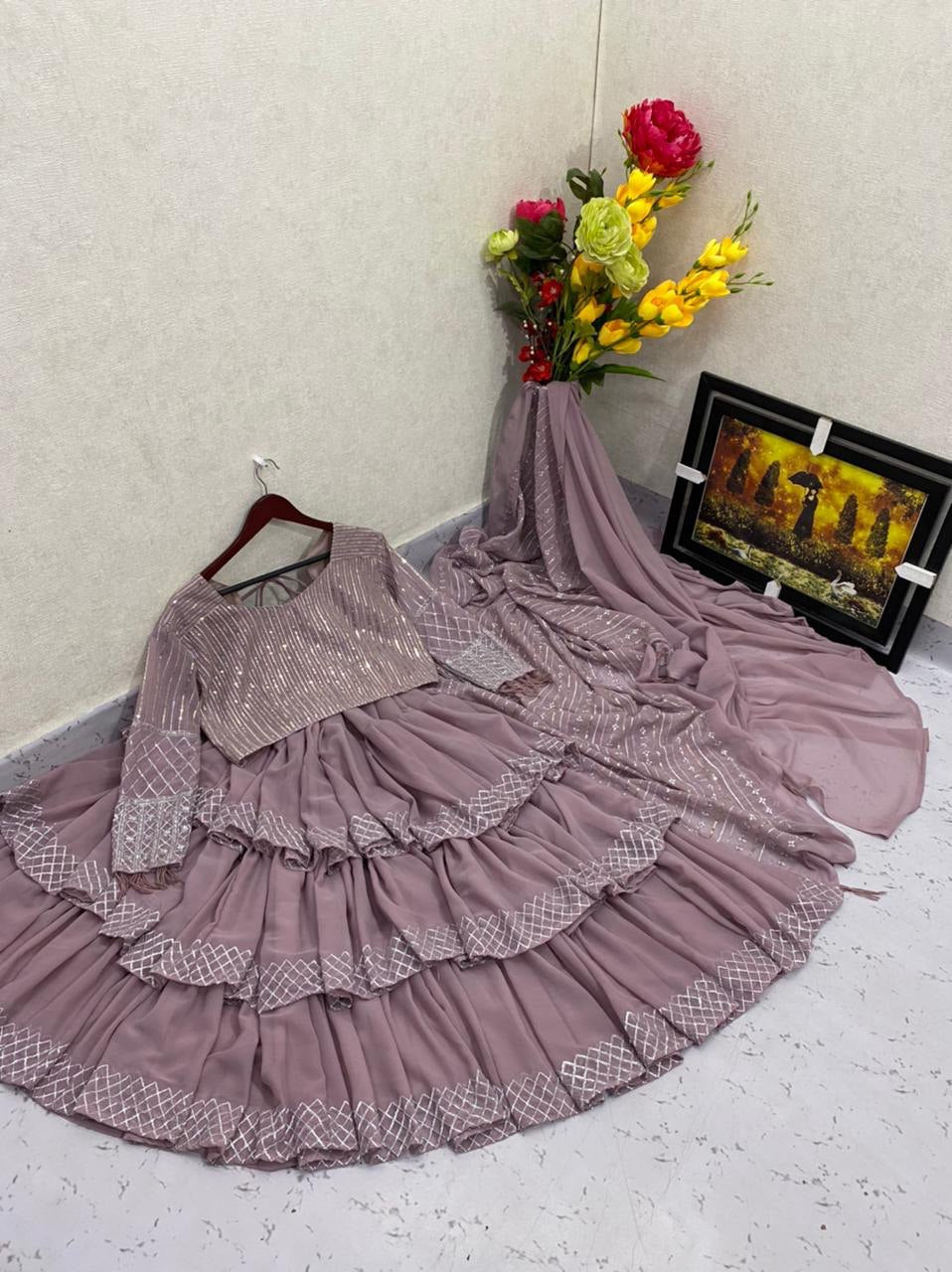 Stunning Light Purple Color Georgette Ruffle Sequence Work Saree Blouse