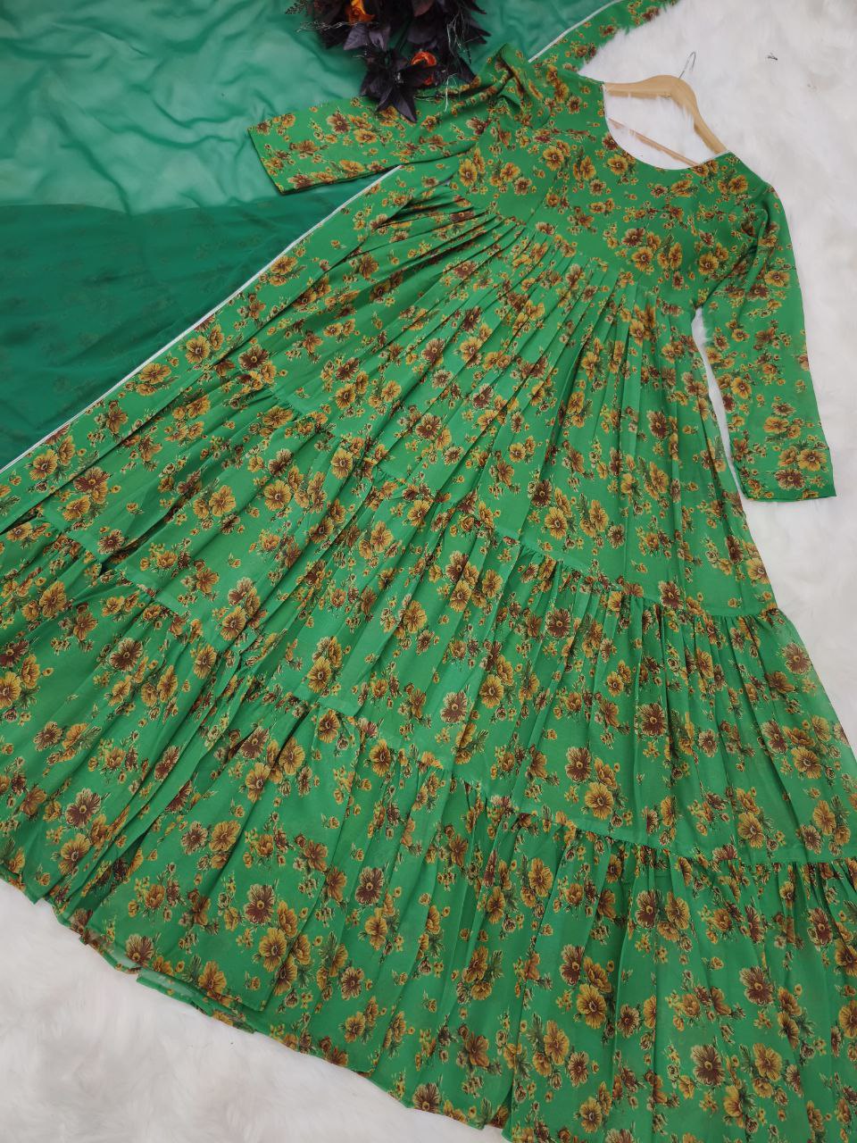 Preferable Green Color Georgette Printed Ruffle Work Gown Dupatta
