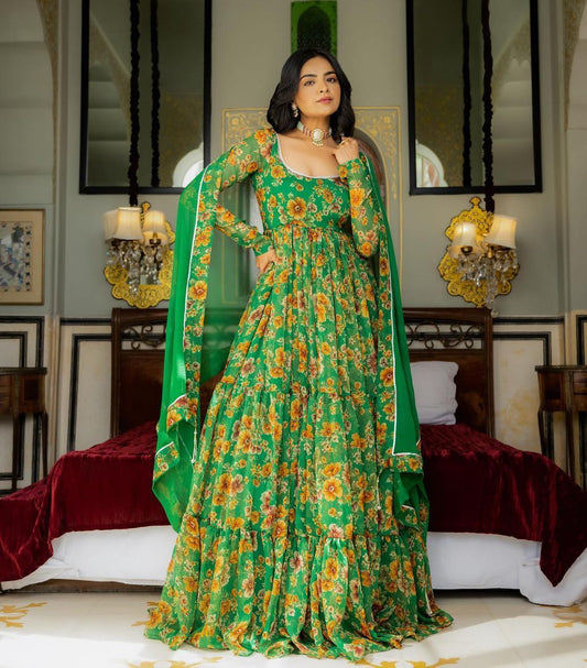Preferable Green Color Georgette Printed Ruffle Work Gown Dupatta