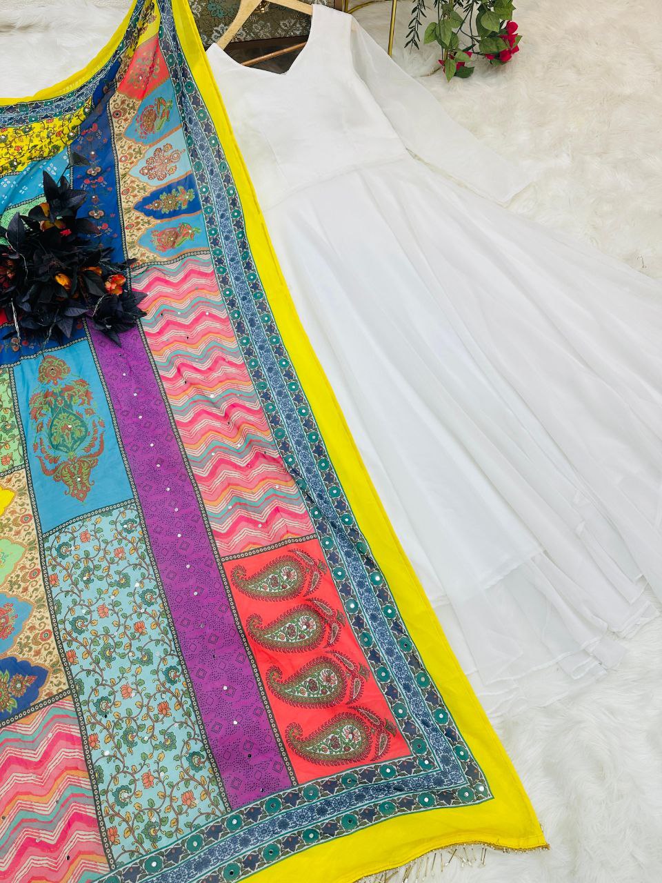 Party Wear White Color Georgette Ready Made Gown Dupatta