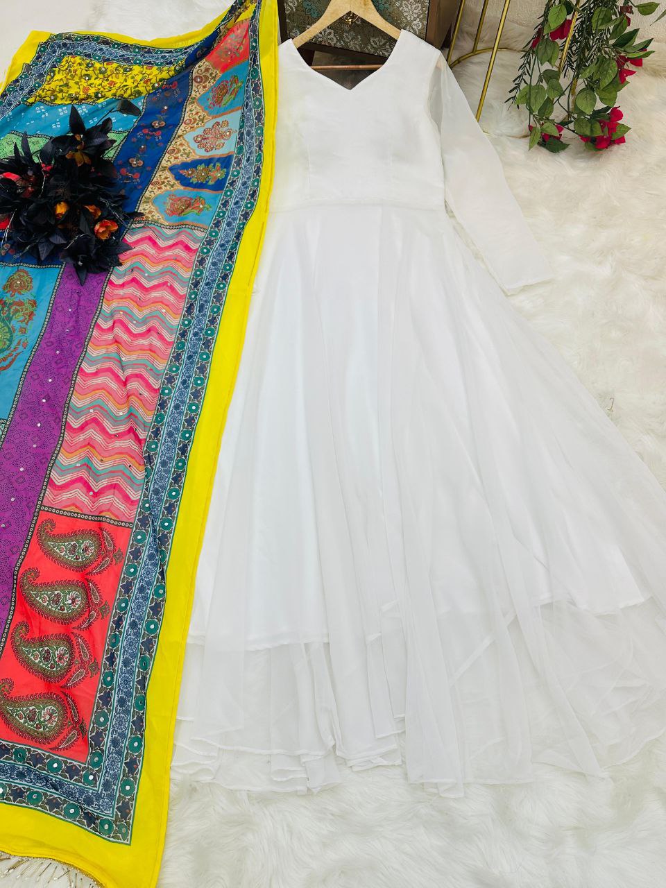 Party Wear White Color Georgette Ready Made Gown Dupatta