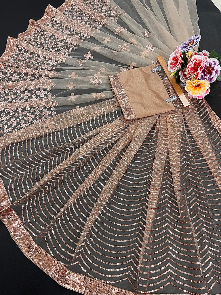 Golden color Designer Multi sequence net saree with blouse