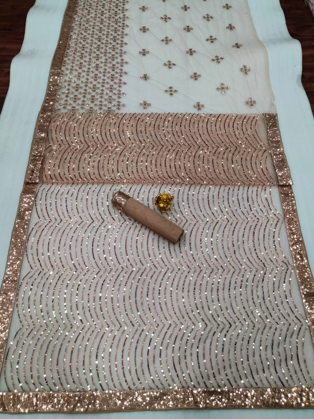Golden color Designer Multi sequence net saree with blouse