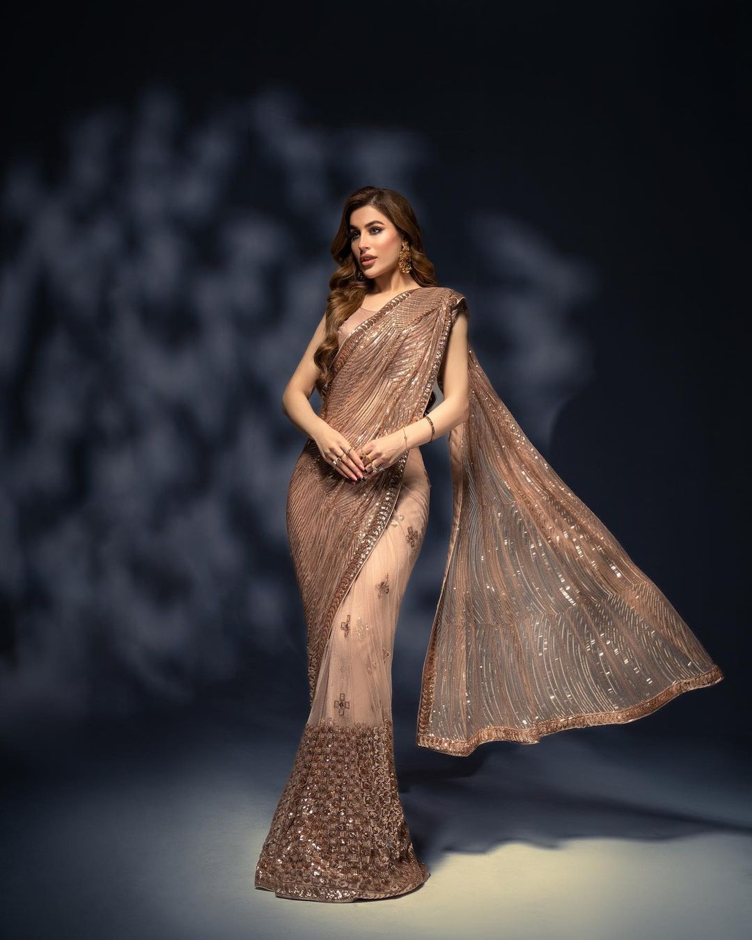 Golden color Designer Multi sequence net saree with blouse