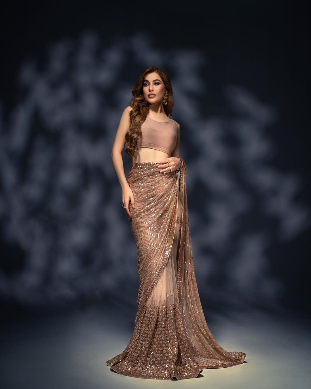Golden color Designer Multi sequence net saree with blouse