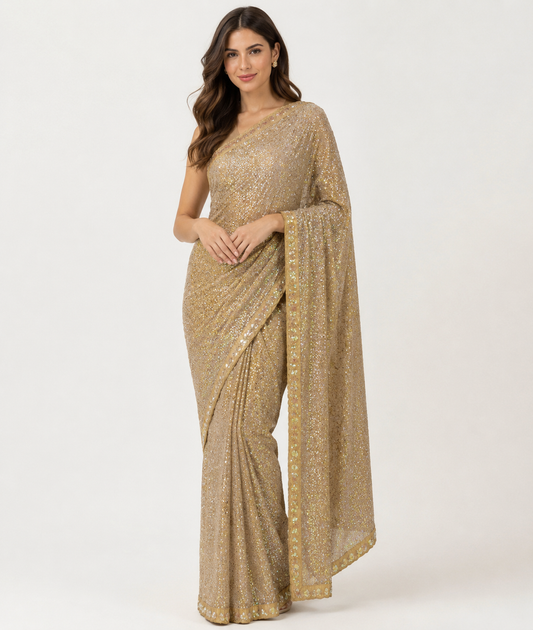 Elegant Faux Georgette Saree with Heavy Rainbow Sequence Embroidery & Cutwork Border - Golden