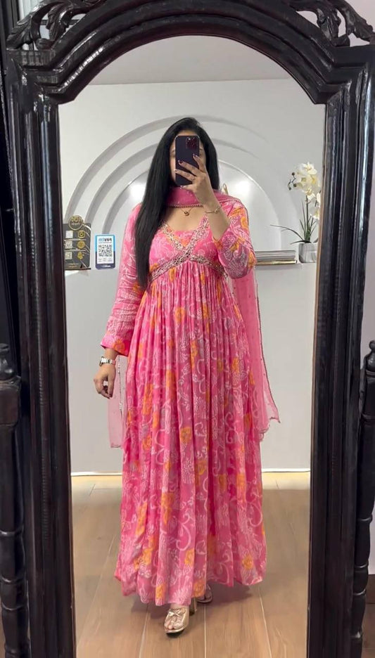 Stunning Digital Printed Hand Work Muslin Cotton Gown Dupatta