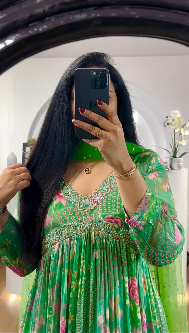 Stunning Digital Printed Hand Work Muslin Cotton Gown Dupatta