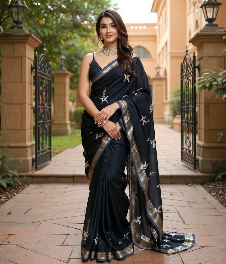 Black Banarasi Silk Pallu Jacquard Saree For Women