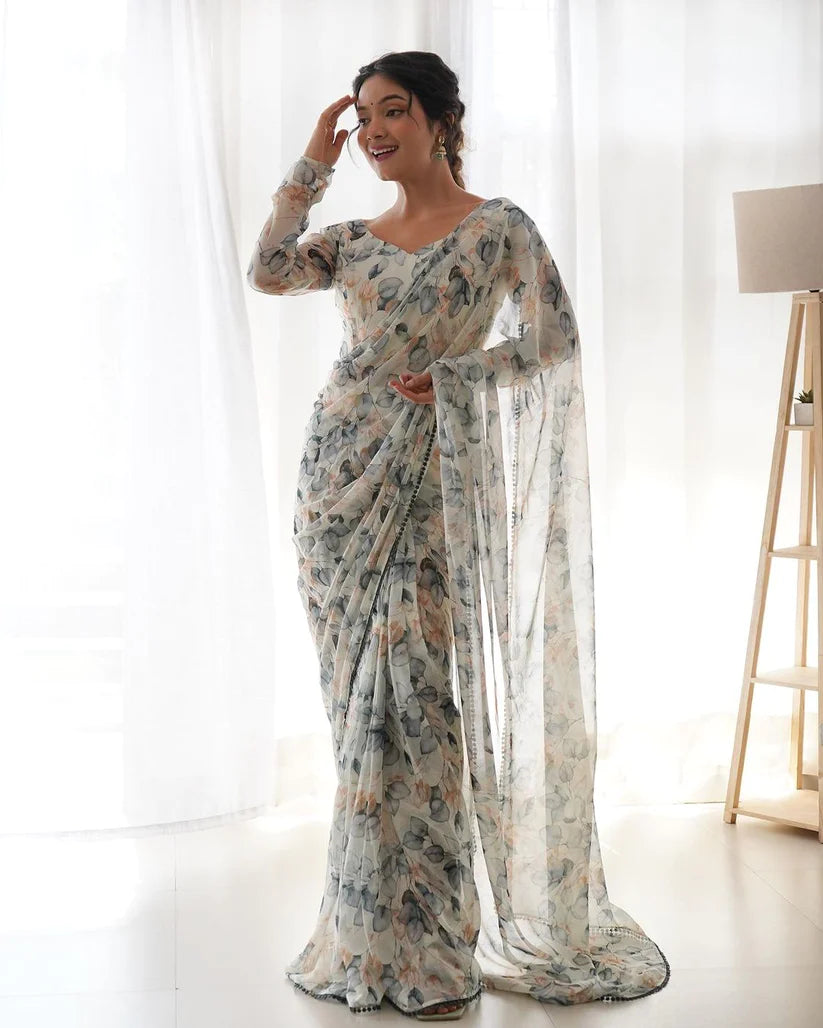 Tebi Silk Organza with Beautiful Digital printed Saree with Border Lace Fitting Full Stitch Ready to wear Saree