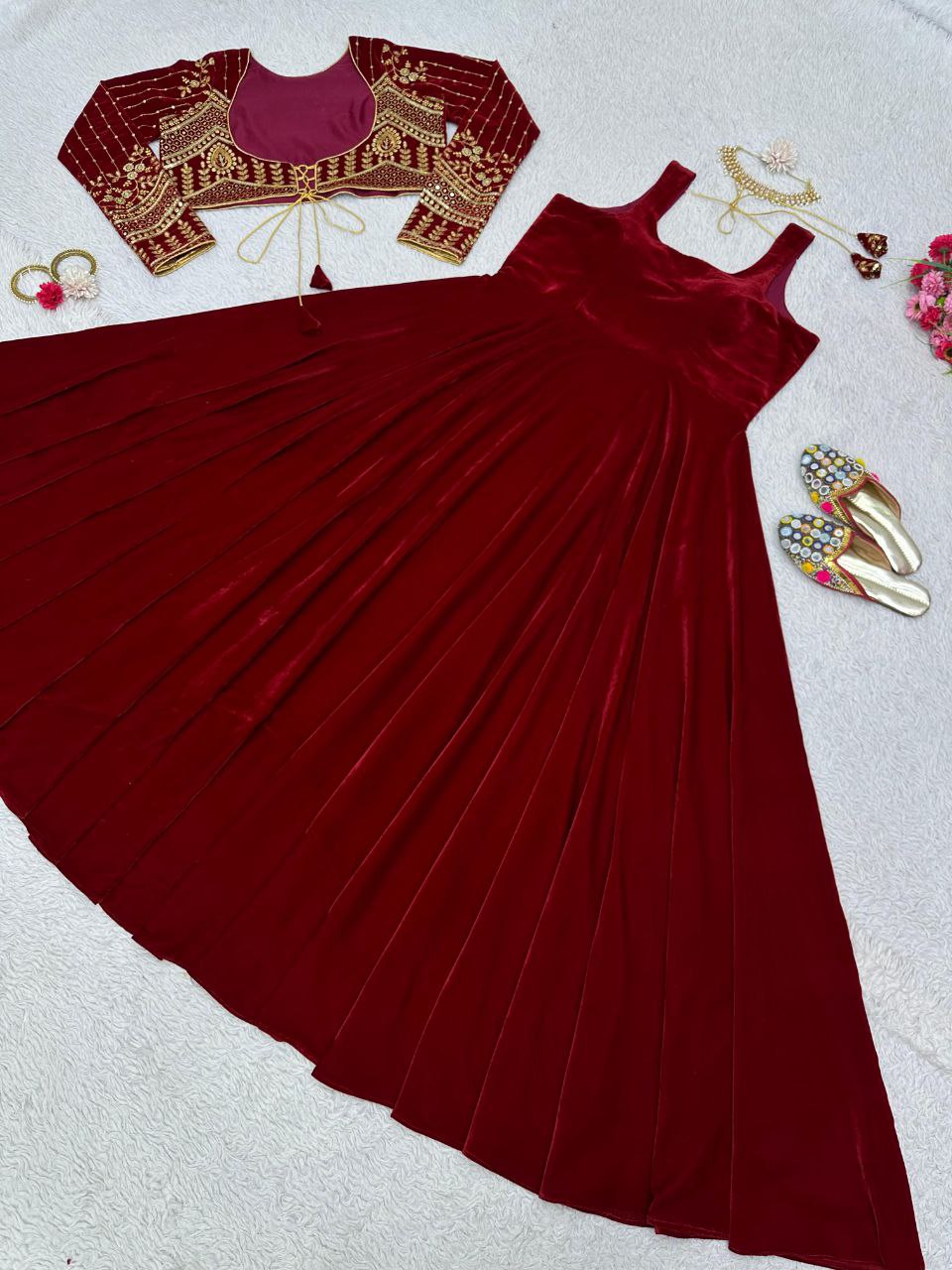 Attractive Maroon Color Gown With Koti