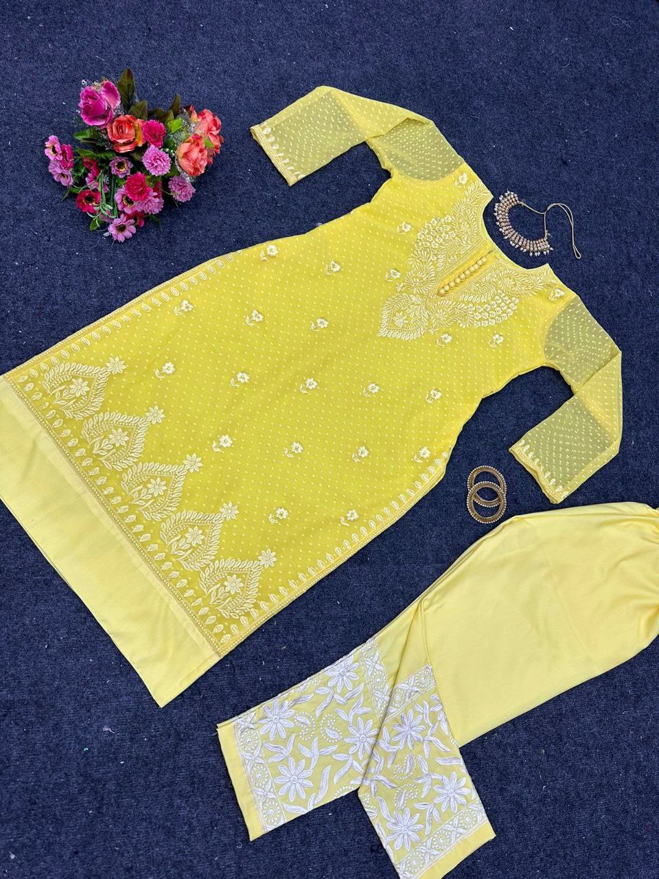 Beautiful Yellow Color Chikankari Kurti With Pent