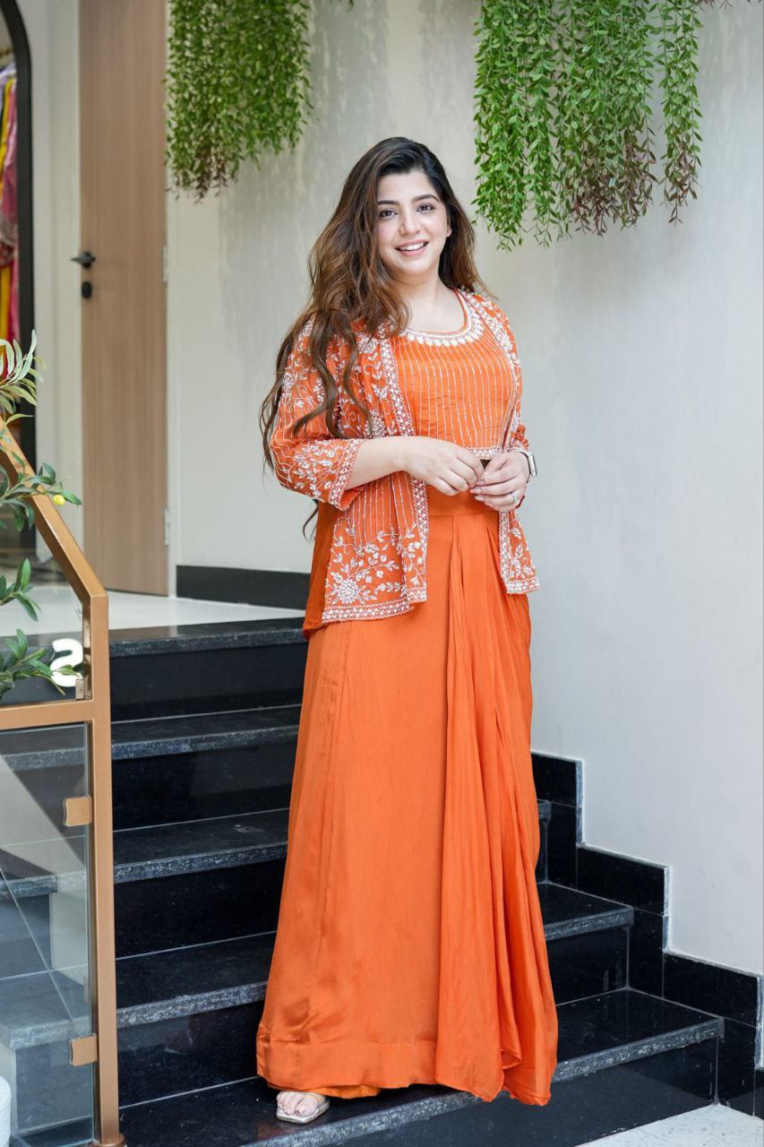 Ready to wear Chinon Silk Dhoti Jacket Blouse Set