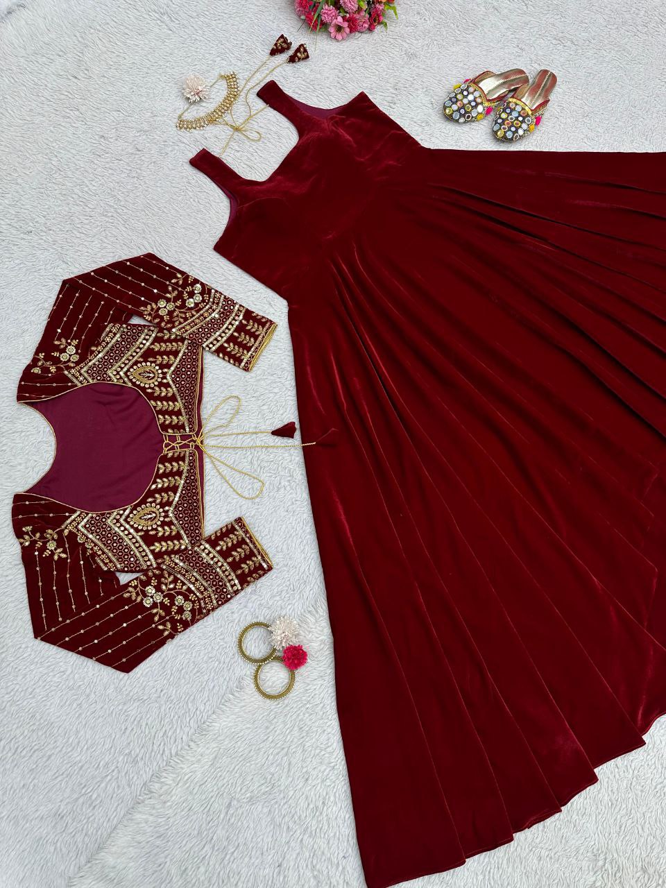 Attractive Maroon Color Gown With Koti