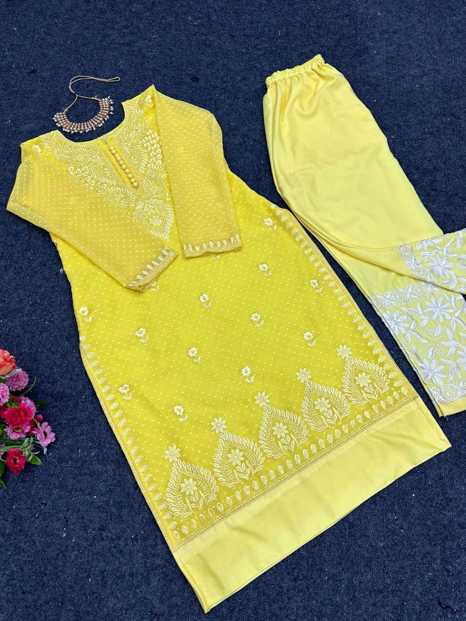 Beautiful Yellow Color Chikankari Kurti With Pent