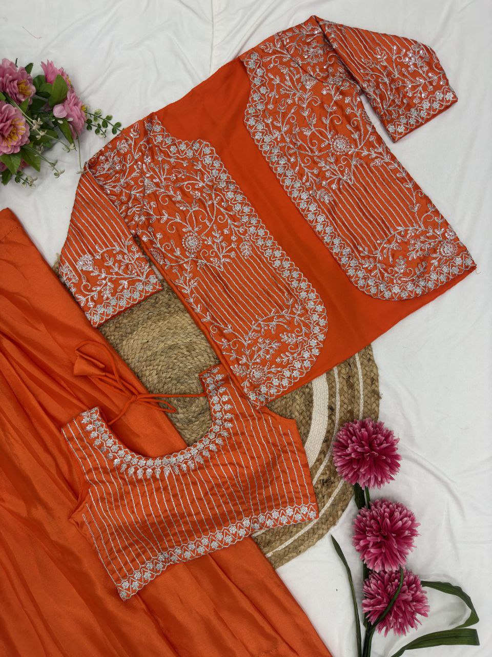 Ready to wear Chinon Silk Dhoti Jacket Blouse Set