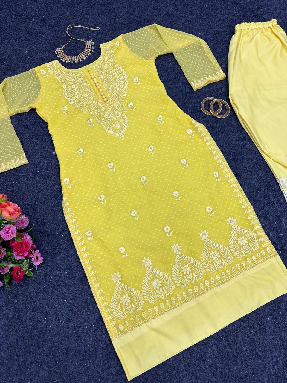 Beautiful Yellow Color Chikankari Kurti With Pent