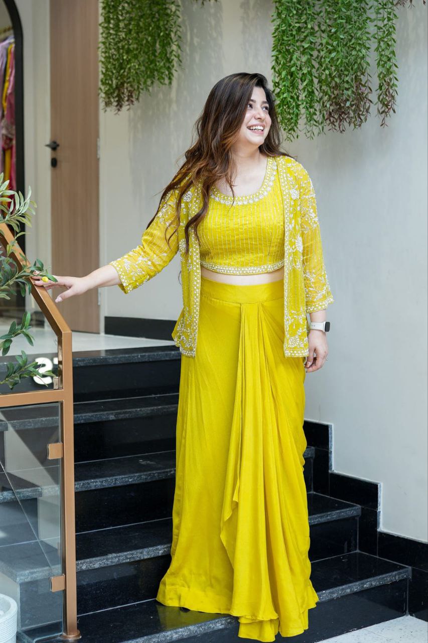 Ready to wear Chinon Silk Dhoti Jacket Blouse Set