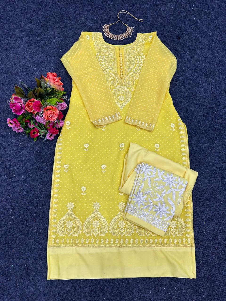 Beautiful Yellow Color Chikankari Kurti With Pent