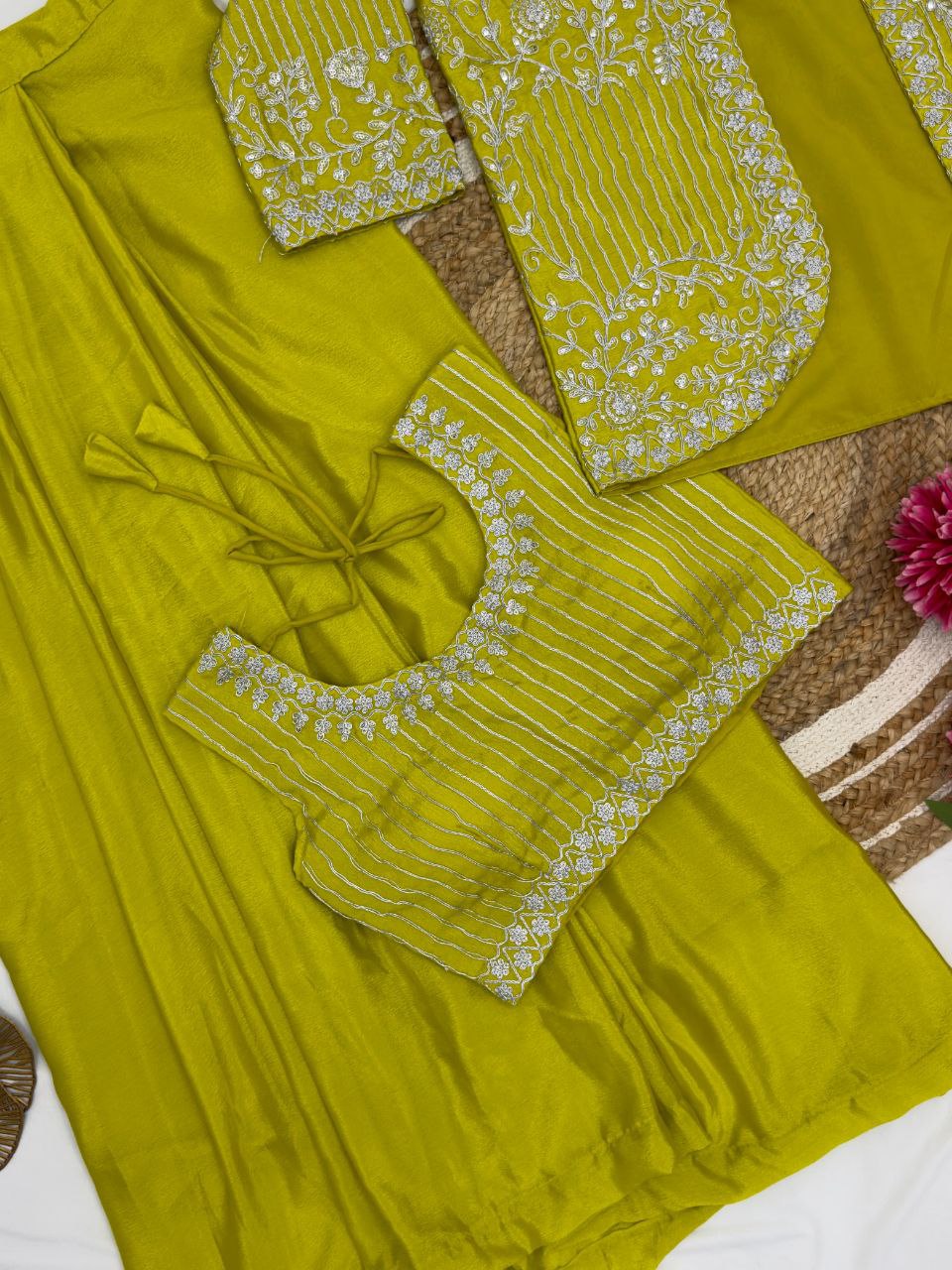 Ready to wear Chinon Silk Dhoti Jacket Blouse Set
