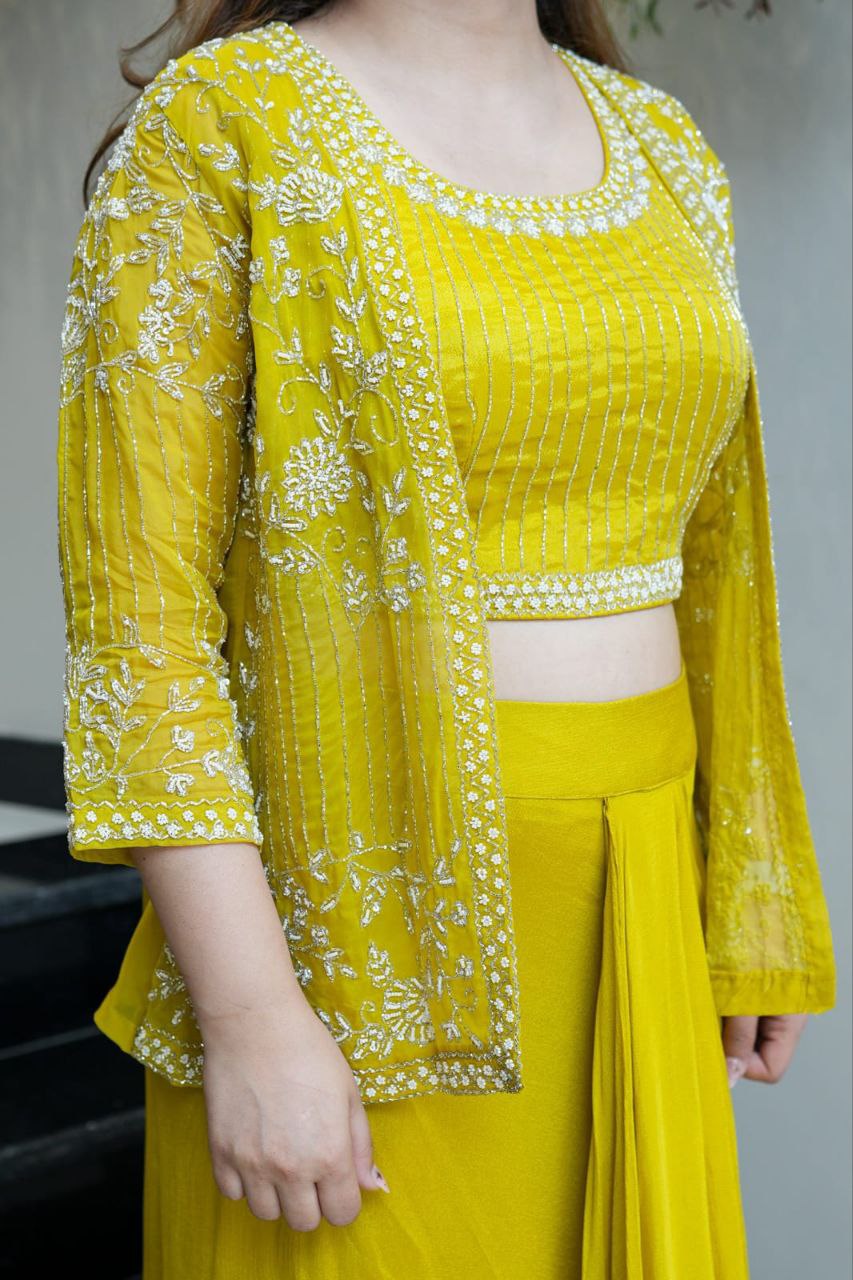 Ready to wear Chinon Silk Dhoti Jacket Blouse Set
