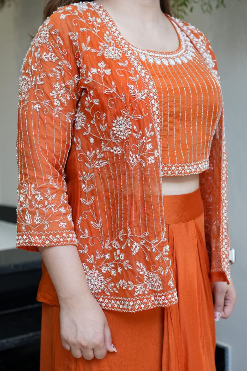 Ready to wear Chinon Silk Dhoti Jacket Blouse Set