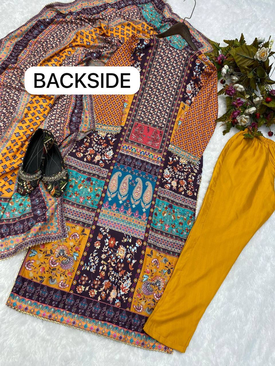 Pretty Muslin Mirror Printed Work Ready Made Salwar Suit For Women