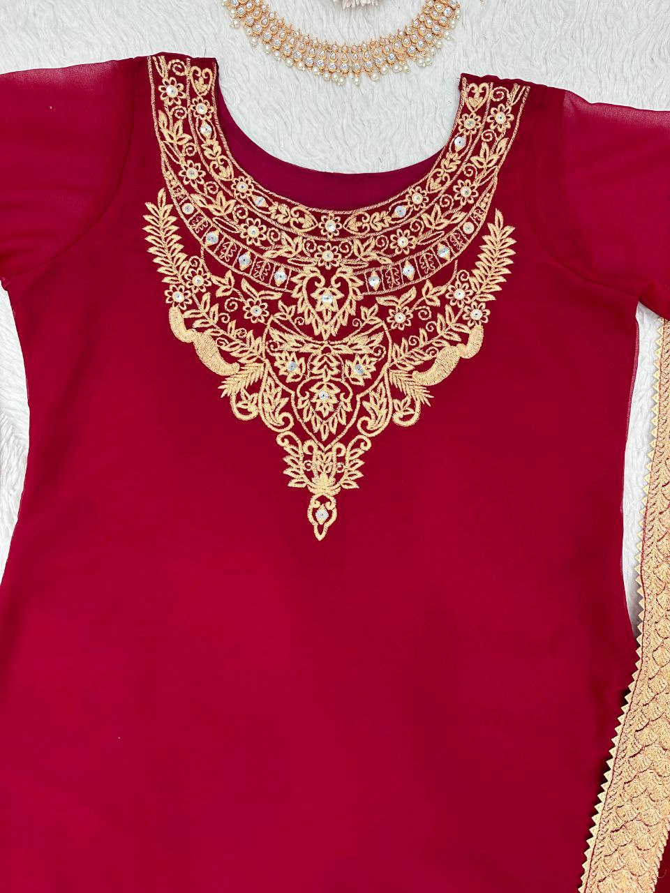 Beautiful Pakistani Embroidered Cherry Red Color 3 Pc Kurta & Palazzo set