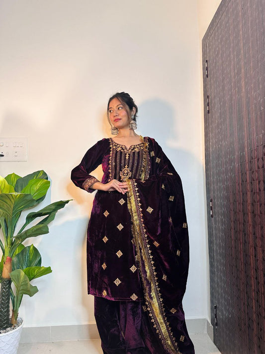 Beautiful Wine Color Heavy Velvet Thread Sequence Work Salwar Suit