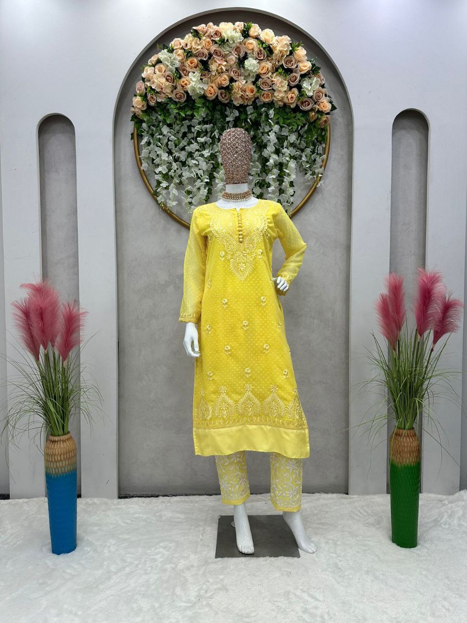Beautiful Yellow Color Chikankari Kurti With Pent