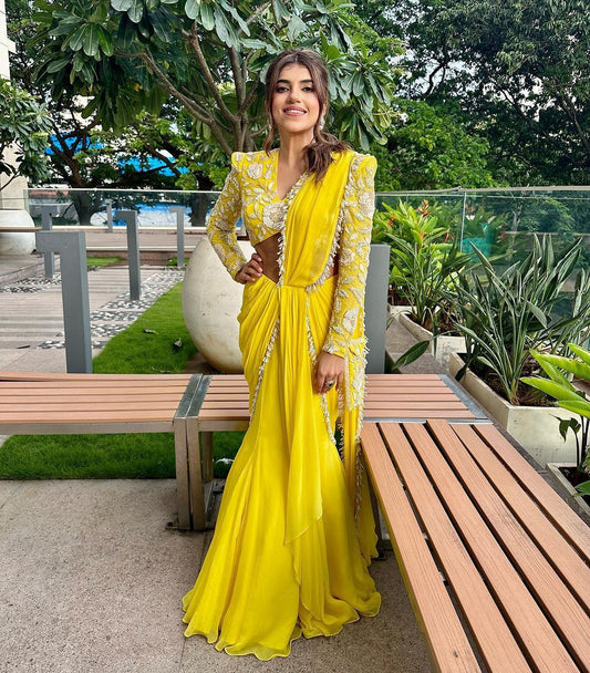 Beautiful Yellow Color Read to Wear Fish Cut Lehenga saree
