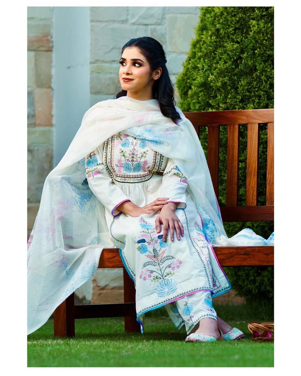 Desirable Fancy Georgette Embroidered Work Top And Pent With Dupatta