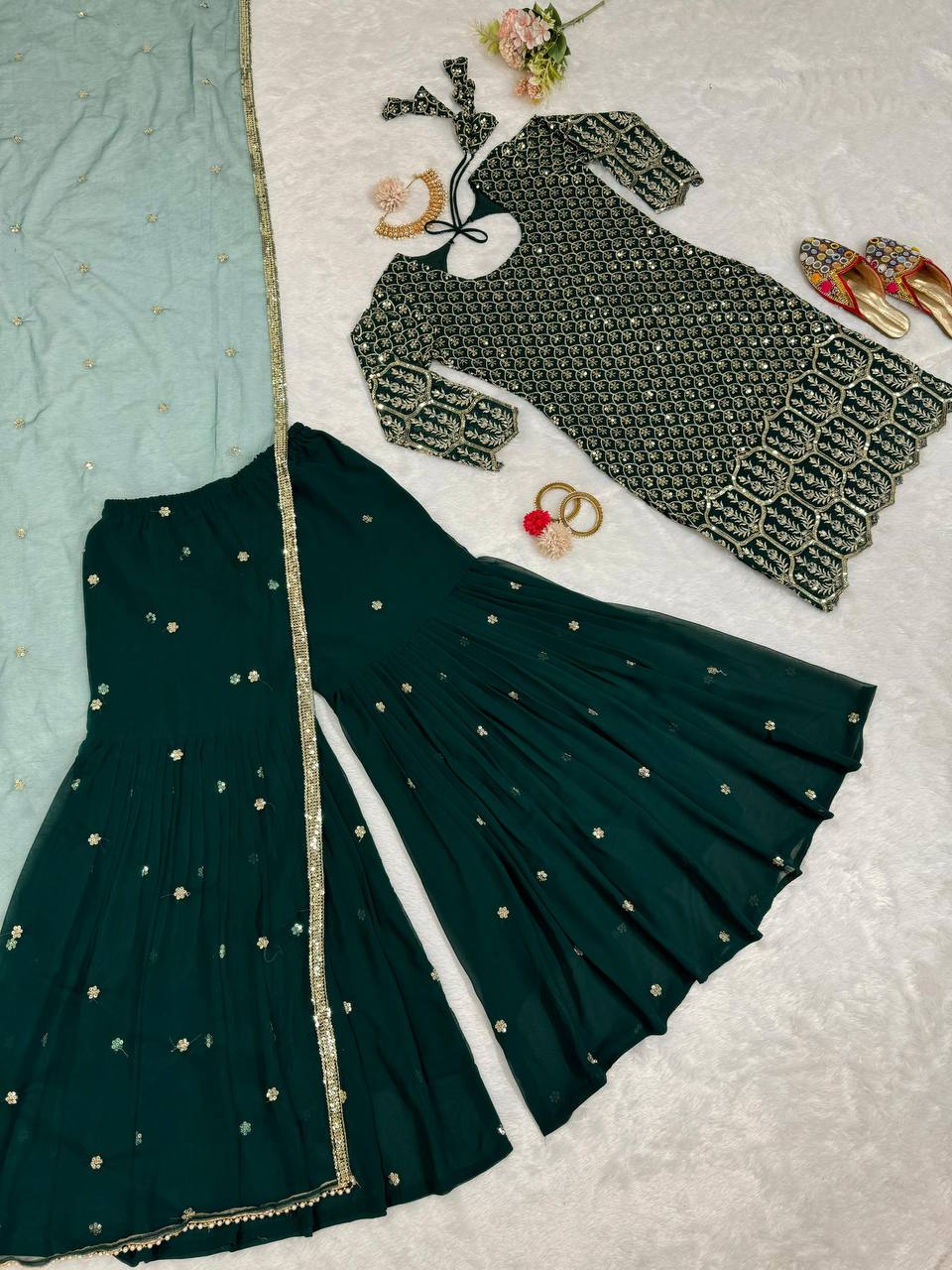 Designer Bottle Green Color Georgette Sequence Work Salwar Suit