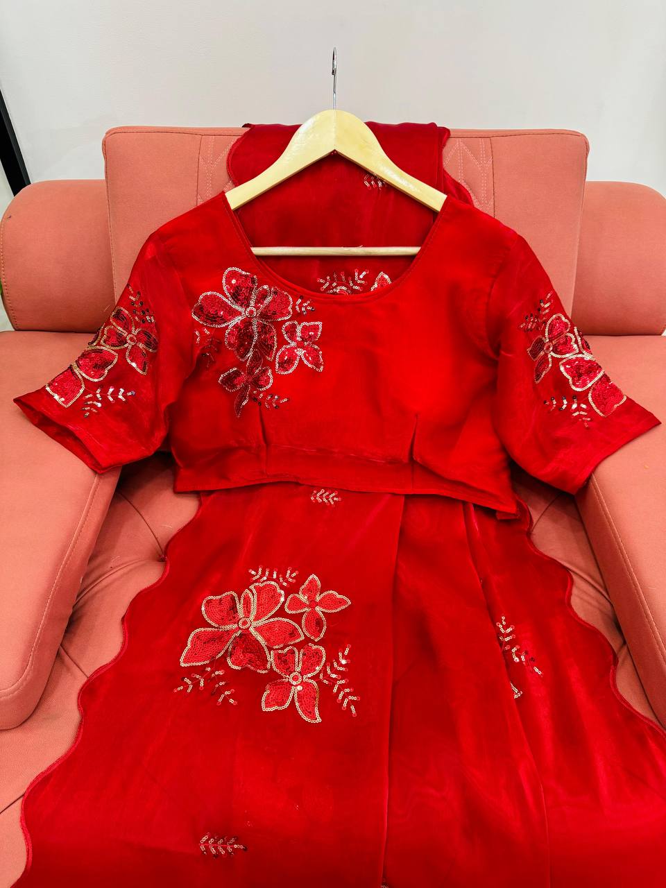 Party Wear Red Color Jimmy Chu Sequence Thread Work Saree Blouse